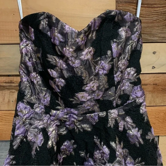Lulus All Romance Black Floral Jacquard Strapless High-Low Gown Black/Lilac - XS - Picture 7 of 15